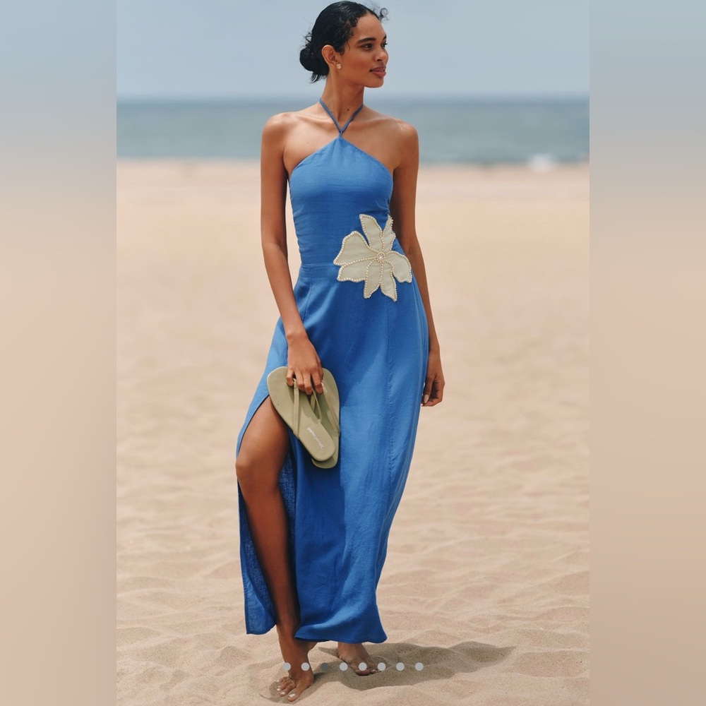 Anthropologie Blue Halter Dress with White Floral Accent